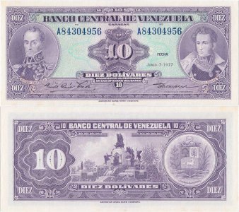 1977 (7 Iunie), 10 Bolivares (P-51f) - Venezuela