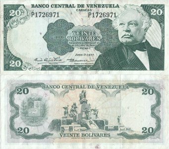 1977 (7 Iunie), 20 bolivares (P-53b) - Venezuela