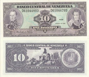 1986 (18 Martie), 10 Bolivares (P-61a) - Venezuela