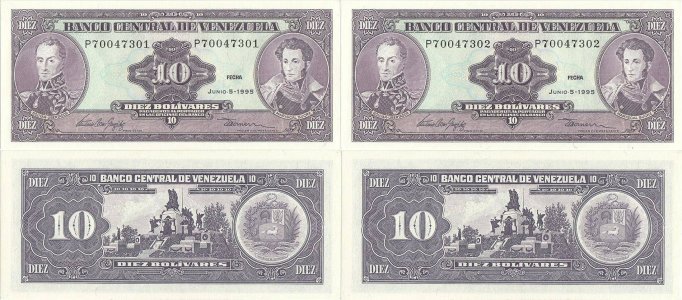 1995 (5 Iunie), 10 Bolivares (P-61d) - Venezuela (×2)