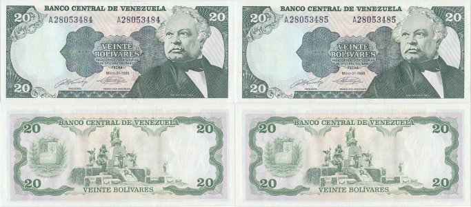 1990 (31 Mai), 20 Bolivares (P-63c) - Venezuela (×2)