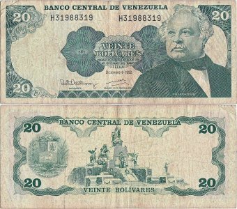 1992 (8 Decembrie), 20 Bolivares (P-63d) - Venezuela