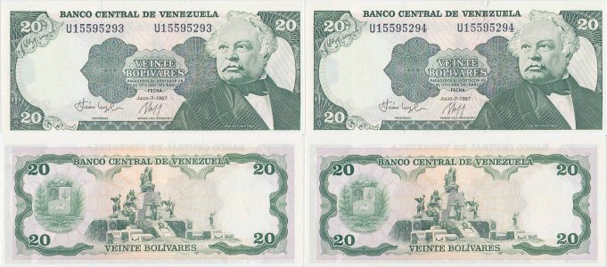 1987 (7 Iulie), 20 Bolívares (P-64Aa.2) - Venezuela (×2)