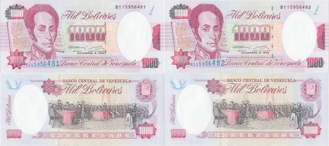 1992 (8 Decembrie), 1,000 Bolívares (P-73c) - Venezuela (×2)