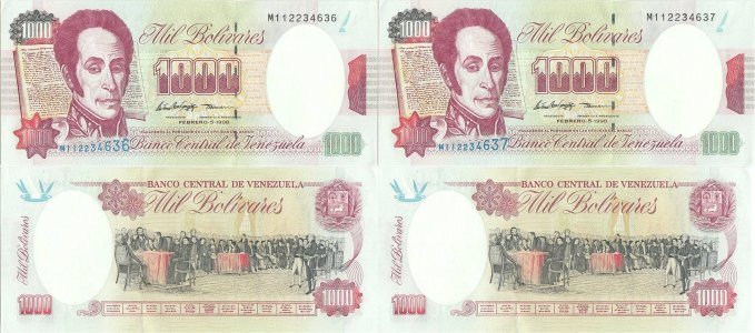 1998 (5 Februarie), 1,000 Bolívares (P-76c) - Venezuela (×2)