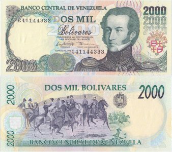 1998 (10 Februarie), 2,000 Bolívares (P-77b) - Venezuela
