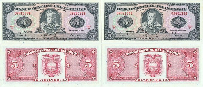 1988 (22 Noiembrie) , 5 sucres (P-113d.1) - Ecuador (×2)