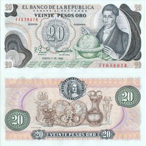1982 (1 Ianuarie) , 20 pesos oro (P-409d.3) - Columbia