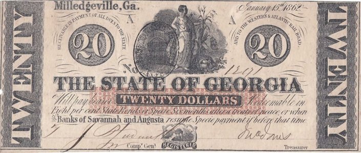 1862 (15 Ianuarie), 20 dollars (Criswell, GA CR-3A) - Georgia (Statele Unite ale Americii)