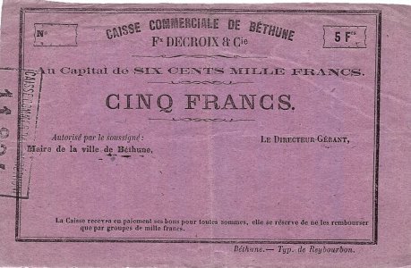 1870, 5 francs (JER.62.03a) - Franța (Béthune)