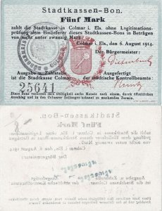 1914 (6 August), 5 mark (Geiger-068-72) - Franța (Stadtkassen-Bons, Colmar)