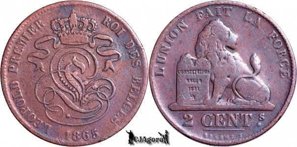 1865, 2 Centimes - Leopold I - Regatul Belgiei