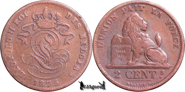 1875, 2 Centimes - Leopold al II-lea - Regatul Belgiei