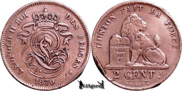 1870, 2 Centimes - Leopold al II-lea - Regatul Belgiei - suprabatere dată
