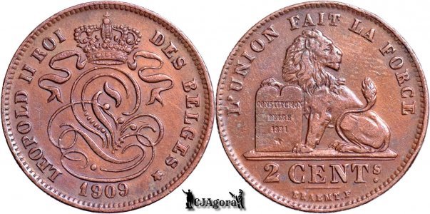 1909, 2 Centimes - Leopold al II-lea - Regatul Belgiei - inscripție franceză
