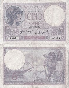 1921 (26 Aprilie), 5 francs (P-72b.2) - Franța