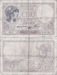 1939 (19 October), 5 francs (P-83a.9) - France