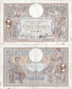 1939 (26 Ianuarie), 100 francs (P-86b.9) - Franța