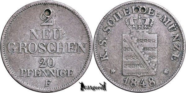 1848 F, 2 Neugroschen / 20 Pfennige - Friedrich August II - Kingdom of Saxony