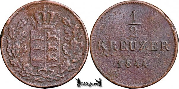 1844, ½ Kreuzer - Wilhelm I - Regatul Württemberg