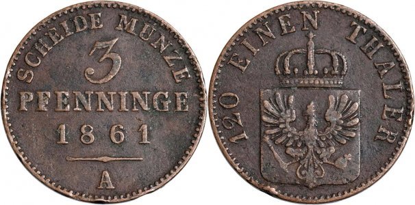 1861 - A - 3 pfenninge - Wilhelm I - Regatul Prusiei