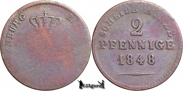 1848, 2 Pfennige - Paul Friedrich August - Principality of Oldenburg-Birkenfeld