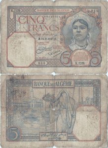 1927 (14 Febriarie), 5 francs (P-77a) - Algeria