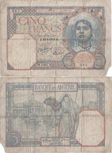 1941 (18 Aprilie) , 5 francs (P-77b.10) - Algeria