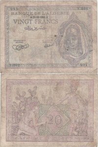 1943 (25 Octombrie) , 20 francs (P-92a) - Algeria