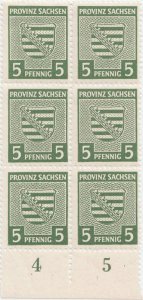 1945, 5 Pfennig - Stema Saxoniei - Ocupația sovietică în Saxonia - Germania - Michel DD 75Ya - bloc de 6