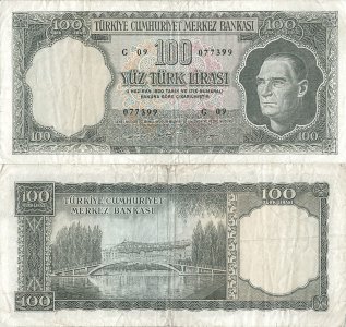1969 (17 Martie), 100 turkish lira (P-176f) - Turcia