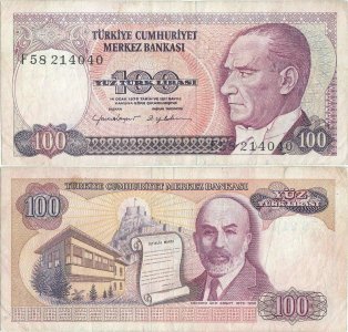 1984 (17 Septembrie), 100 turkish lira (P-194b) - Turcia