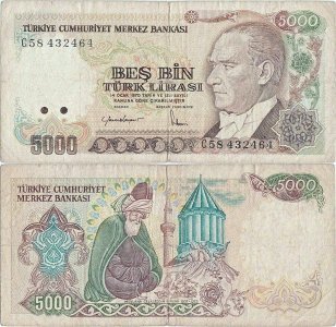 1985, 5,000 turkish lira (P-197a.1) - Turcia