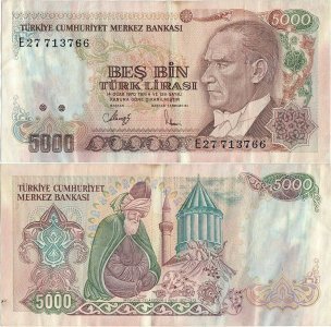 1988, 5.000 turkish lira (P-197a.2) - Turcia