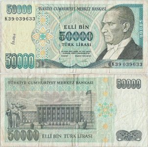 1995, 50,000 turkish lira (P-204) - Turcia