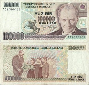 1991, 100,000 turkish lira (P-205a) - Turcia