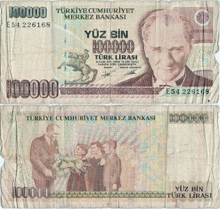 1994, 100,000 turkish lira (P-205b) - Turcia