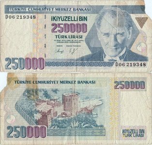 1992, 250,000 turkish lira (P-207a.1) - Turcia