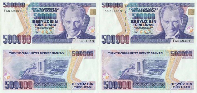 1994, 500,000 turkish lira (P-208c) - Turcia (×2)