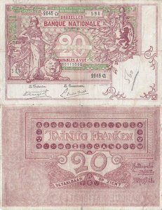 1919 (2 January), 20 francs (P-67a.4) - Belgium