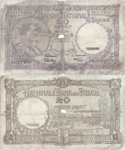 1941 (25 August), 20 francs (P-111a.5) - Belgium