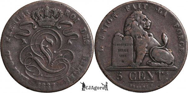 1837, 5 centimes - Léopold I - Belgia