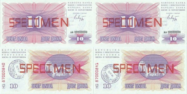 1992 (1 July), 10 dinara (P-10s) - Bosnia and Hertegovina (×2)