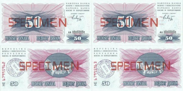 1992 (1 July), 50 dinara (P-12s) - Bosnia and Hertegovina (×2)