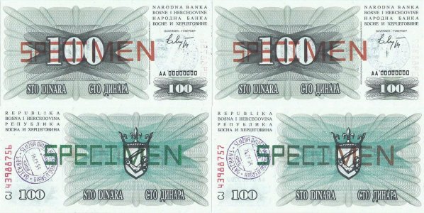 1992 (1 July), 100 dinara (P-13s) - Bosnia and Hertegovina (×2)