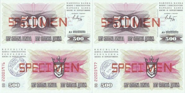1992 (1 July) , 500 dinara (P-14s) - Bosnia and Hertegovina (×2)