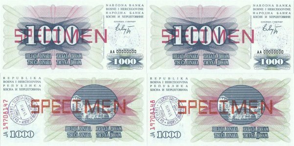 1992 (1 July), 1.000 dinara (P-15s) - Bosnia and Hertegovina (×2)