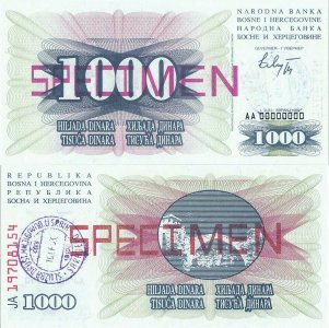 1992 (1 July), 1.000 dinara (P-15s) - Bosnia and Hertegovina