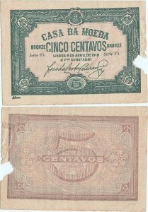 1918 (5 April), 5 centavos (P-97) - Portugal (Lisbon)