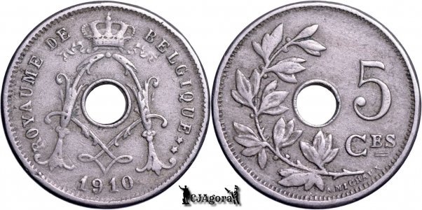 1910, 5 Centimes - Albert I - Regatul Belgiei - inscripție franceză